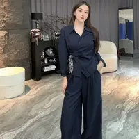 A869早秋新款时尚设计感小众上衣衬衫高腰阔腿裤两件套套装