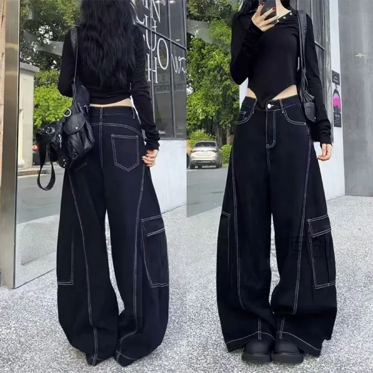 美式炸街设计感多口袋工装裤女2025秋季新款百搭宽松休闲裤牛仔裤