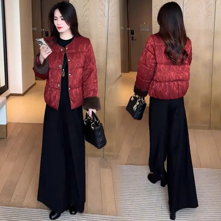 新中式时髦棉服女2025冬季新款洋气显瘦国风提花圆领保暖棉衣外套