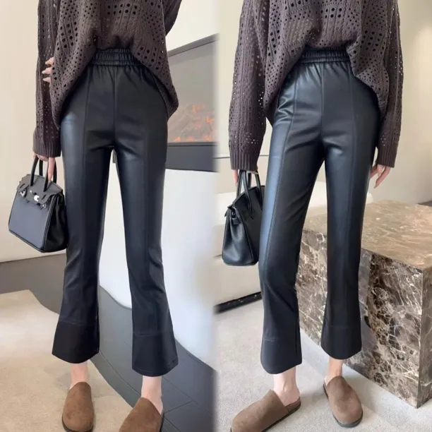 欧货蛋白皮高腰加绒薄绒微喇叭皮裤女显瘦九分裤百搭时尚PU仿皮裤