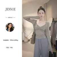 蕾丝拼接V领条纹吊带背心针织长袖开衫薄款时尚高级两件套       