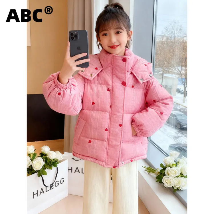 ABC女大童韩版爱心连帽棉服2025新儿童棉衣加厚保暖面包服外套冬
