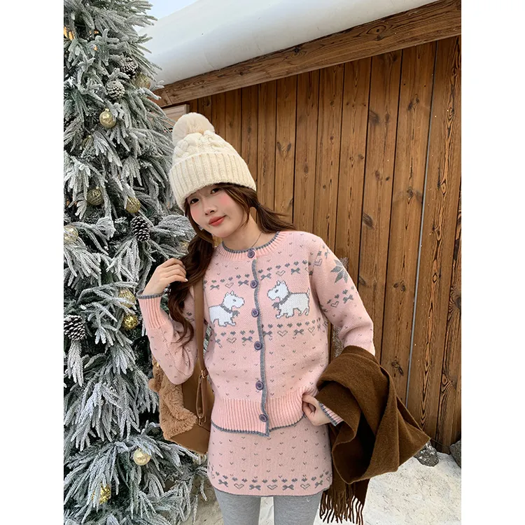 费尔岛提花小狗套装女可爱针织毛衣外套秋冬半身裙短裙粉色两件套