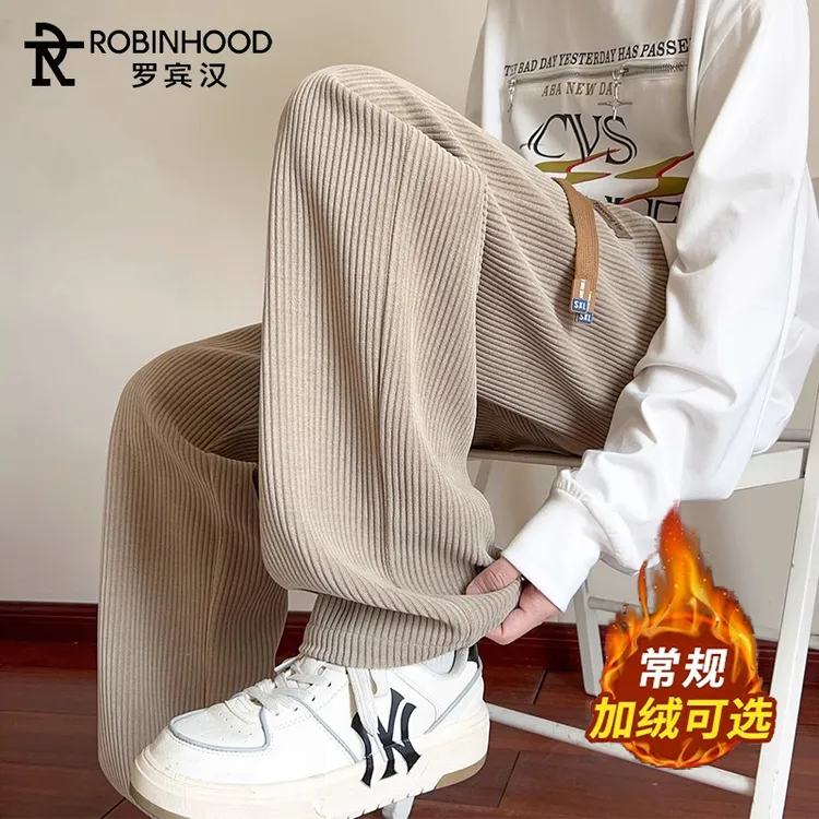 罗宾汉宽松直筒雪尼尔卫裤男加绒加厚潮牌运动阔腿男士休闲裤冬季