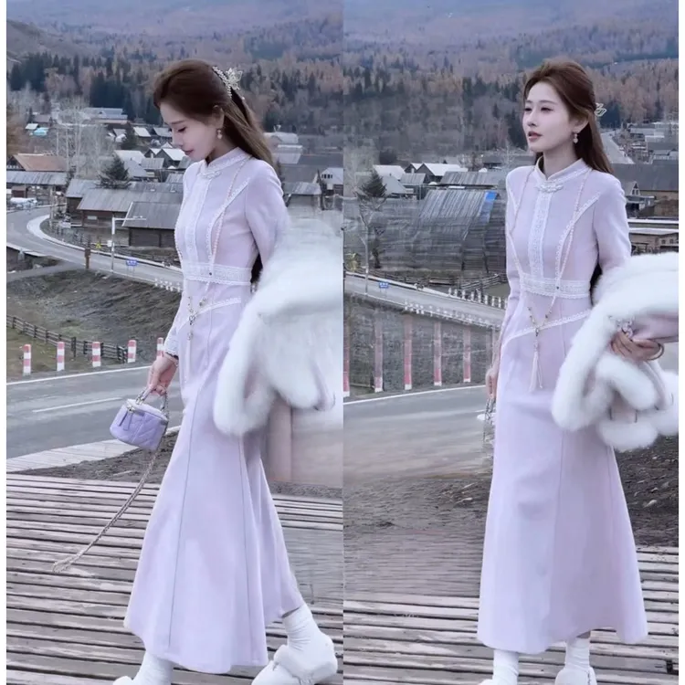 婷婷暮山紫•真江南显腰身！分割式加绒鱼尾旗袍1223