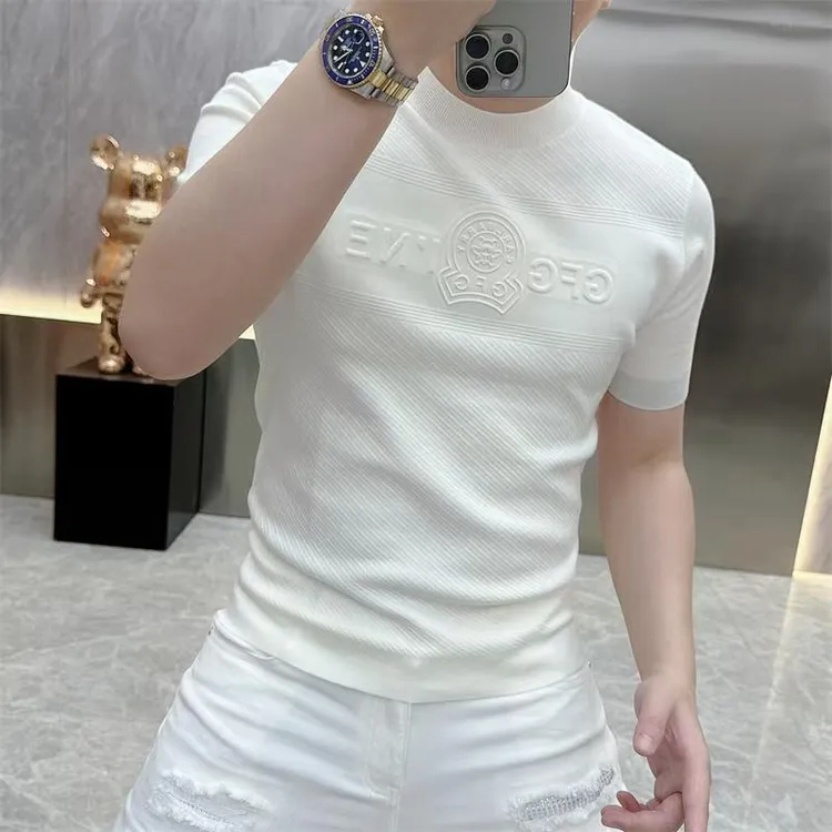 欧货轻奢男士针织冰丝短袖T恤纯色时尚夏季半袖上衣百搭修身25249
