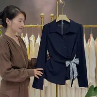 不规则v领长袖衬衫女秋季2025蝴蝶结系绑带设计感气质上衣