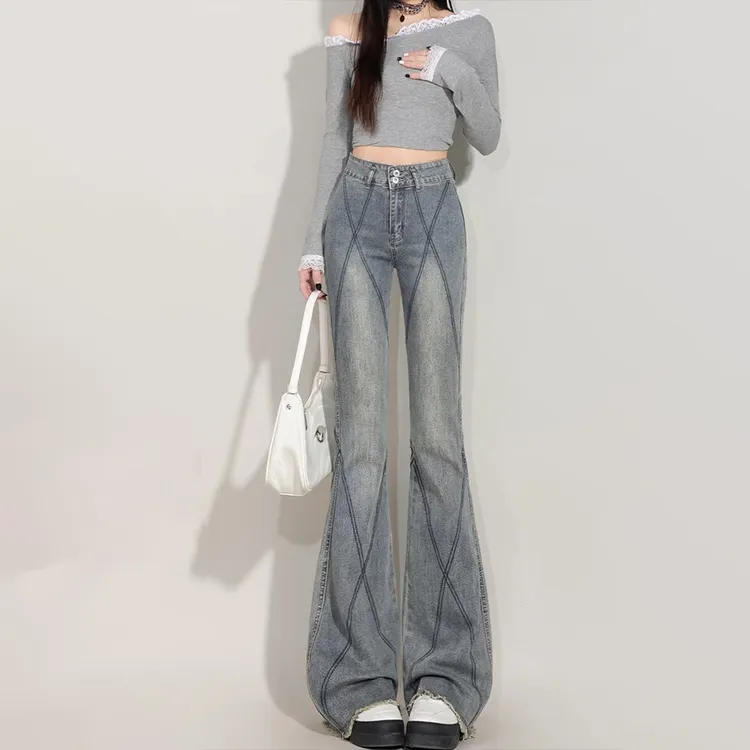 毛边微喇叭牛仔裤女春季2025新款美式辣妹高腰显瘦阔腿马蹄裤潮