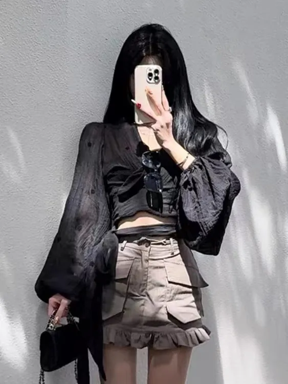 黑色刺绣花朵灯笼袖系带v领长袖衬衫女夏季法式小众独特别致上衣