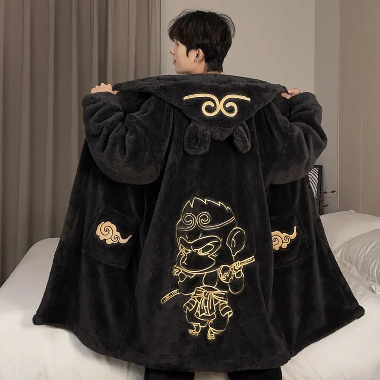 珊瑚绒睡袍男士冬季加绒加厚款法兰绒青年卡通学生浴袍家居服套装
