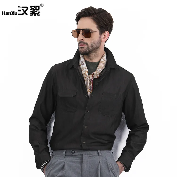 汉絮秋季机能皱感衬衫男士休闲双口袋衬衣时尚百搭高级感男装长袖