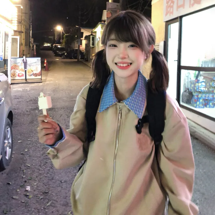 美式复古格子拼接夹克外套女秋季2025新款韩系休闲风工装短款上衣