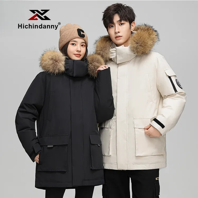 HICHIN工装运动羽绒服男女款冬季加绒加厚连帽百搭白鸭绒外套情侣