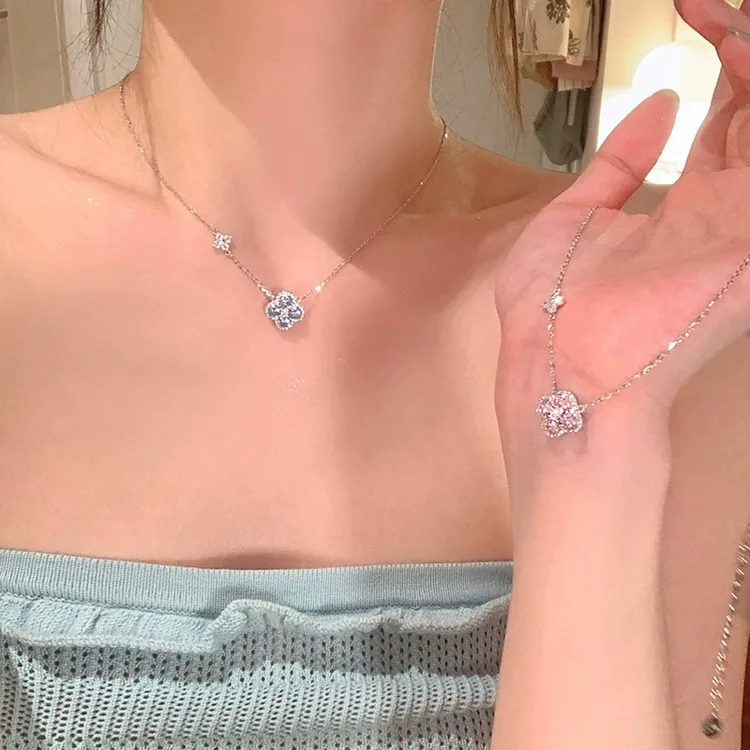 铜合金锆石项链 韩系轻奢闪锆四叶花项链女气质颈链锁骨链夏日