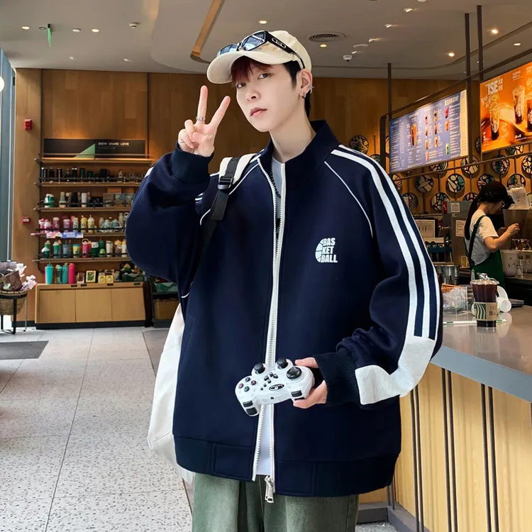 立领开衫卫衣棒球外套男春秋季青少年城市机能风休闲夹克胖男孩
