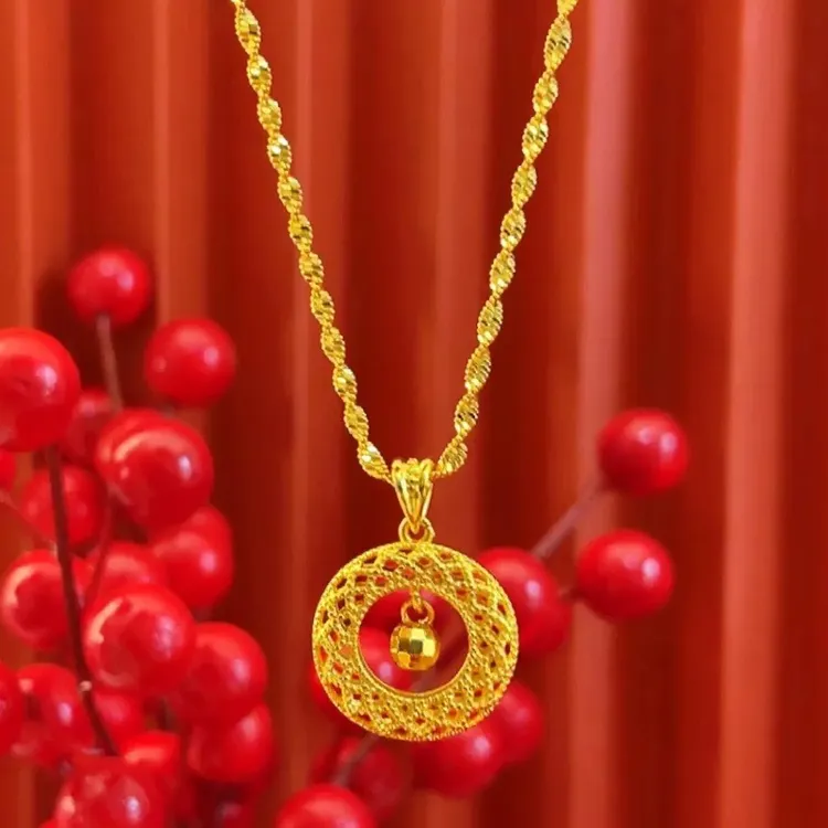 铜合金项链 金色平安扣吊坠水波纹链子女磨砂气质时尚百搭不掉色