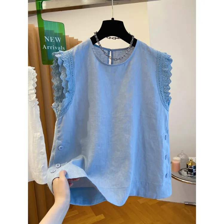 胖妹妹240斤欧货蕾丝拼接无袖衬衫女夏季新款宽松洋气飞飞袖小衫