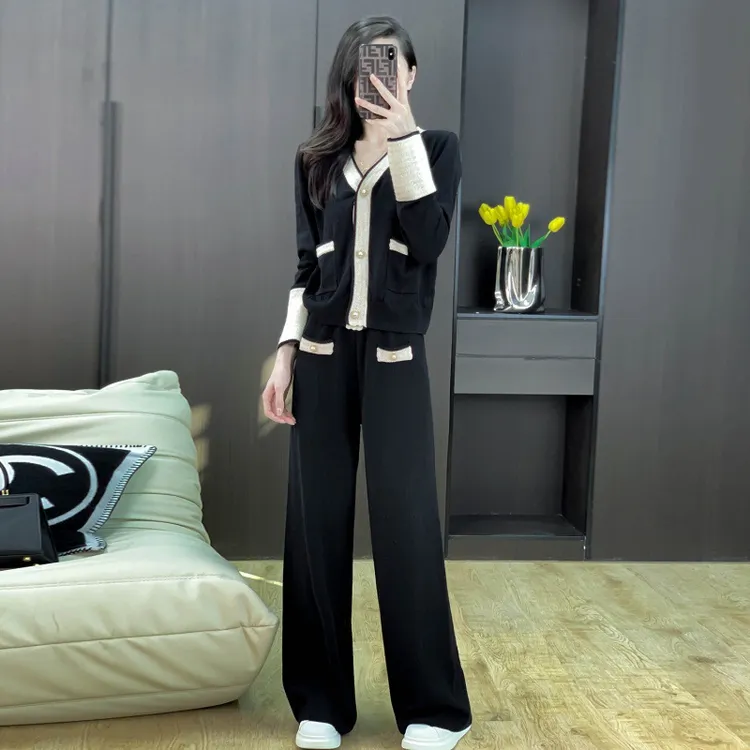 7063秋季新品 撞色针织开衫宽松V领上衣外套两件套高腰阔腿裤套装