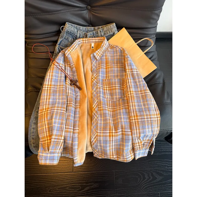 vintage黄格子衬衫男长袖冬季加绒加厚情侣外套美式复古叠穿衬衣