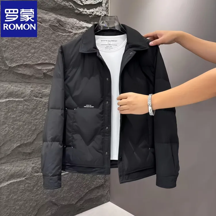 Romon/罗蒙防寒休闲衬衫领羽绒服男士冬保暖修身轻薄翻领夹克外套
