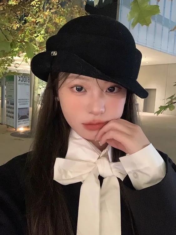 羊毛帽子女秋冬季法式赫本风盆帽气质高级感礼帽卷边空姐帽山帽