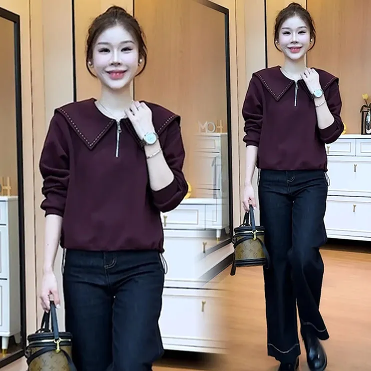 时尚卫衣女2025秋季新款洋气宽松遮肉显瘦娃娃领休闲百搭长袖上衣