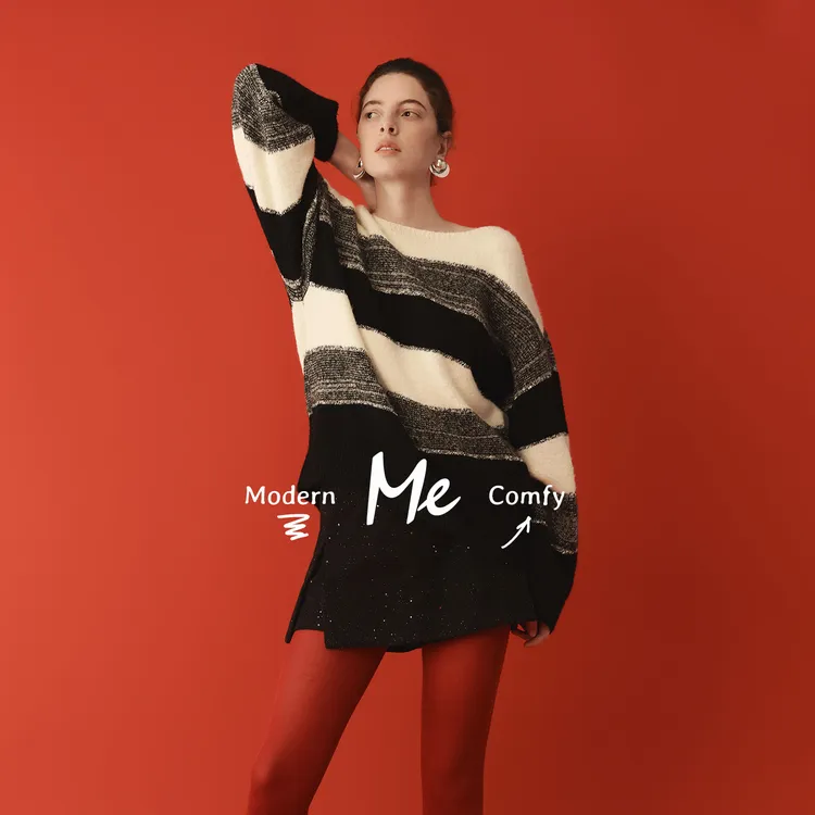 ME【苏伊士】超细美利奴绵羊毛花纱艺术条纹松弛时尚毛衣MESA4274