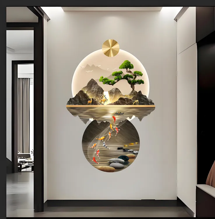 福禄九鱼图玄关装饰画入户门正对墙玄关挂画走廊过道背景墙壁画