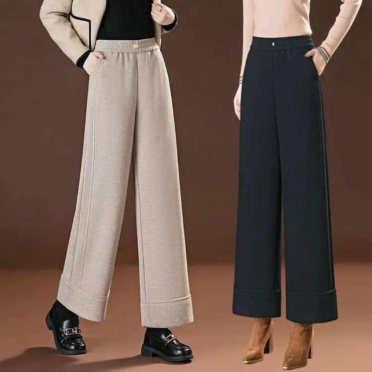 #8935绵羊呢九分阔腿裤秋冬款加厚高腰直筒显瘦休闲裤