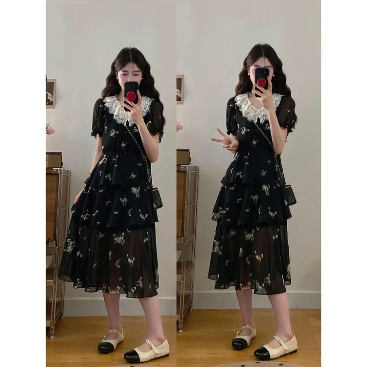 大码蕾丝拼接黑色蛋糕连衣裙胖mm新款V领收腰显瘦气质长裙