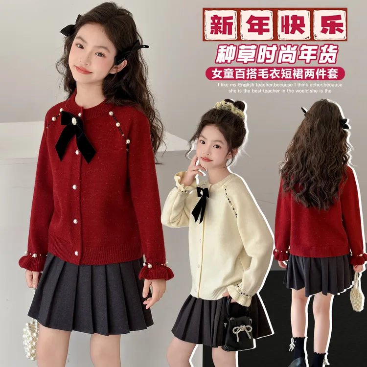 女童红色毛衣秋冬2025新款儿童冬装洋气加厚女大童新年套头针织衫