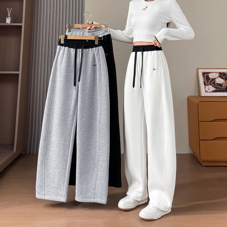 秋冬加绒加厚香蕉阔腿裤女小个子九分裤保暖运动卫裤休闲直筒裤子