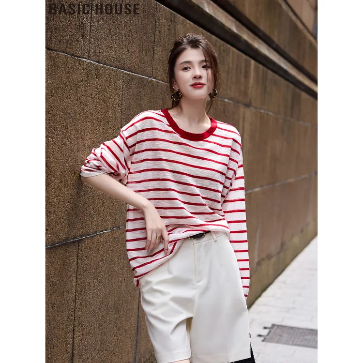 Basic House/百家好设计感条纹防晒罩衫轻薄T恤上衣女2025秋新款