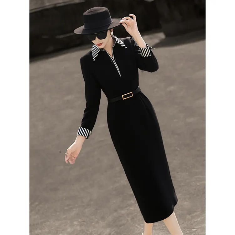 MEXCOCO/兰瑟儿春新款气质通勤设计感拼接衬衫领连衣裙105CL8221