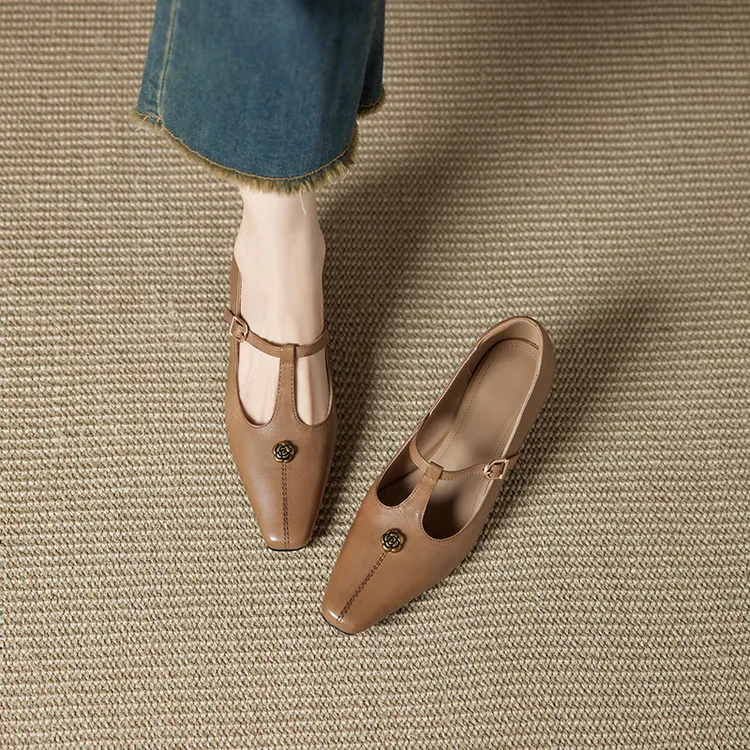 法式气质方头丁字带中粗跟浅口玛丽珍单鞋女2025新款秋季黑卡其色
