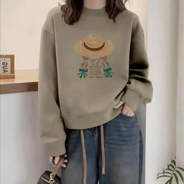 多巴胺圆领套头打底衫加绒加厚卫衣女2025春秋季新款宽松韩版外套