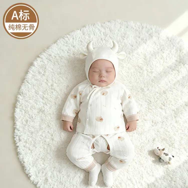 婴儿纯棉内衣套装秋冬新生儿偏襟长袖打底衣服宝宝可调节开裆睡衣