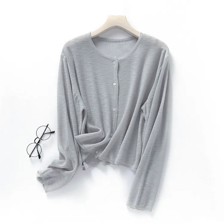 竹节麻休闲针织开衫女2025薄款圆领冰丝外套宽松披肩防晒空调衫夏