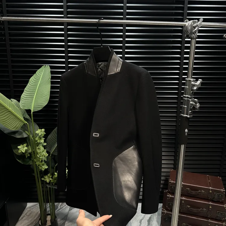 秋冬季男士中长款羊毛混纺加绵无领羊毛大衣时尚百搭修身潮流外套