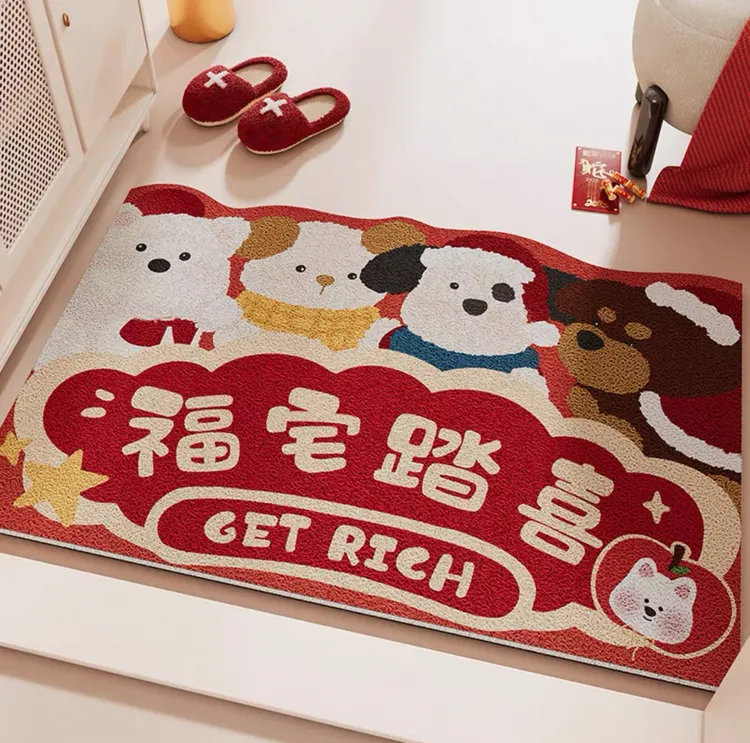 卡通红色入户门喜庆丝圈地垫可裁剪防滑耐脏门口进门地毯加厚门垫