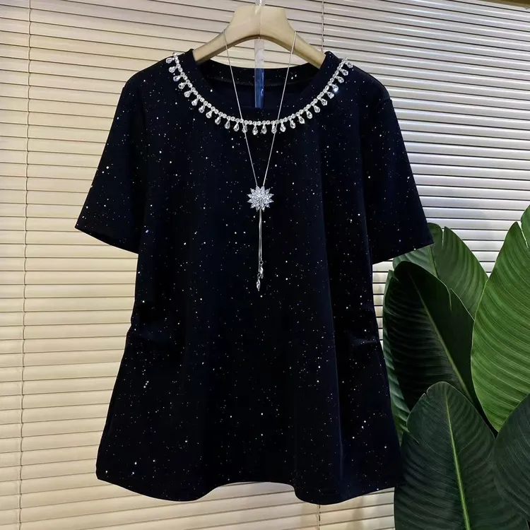 Q胖mm欧货时尚新款法式重工亮闪闪气质短袖上衣