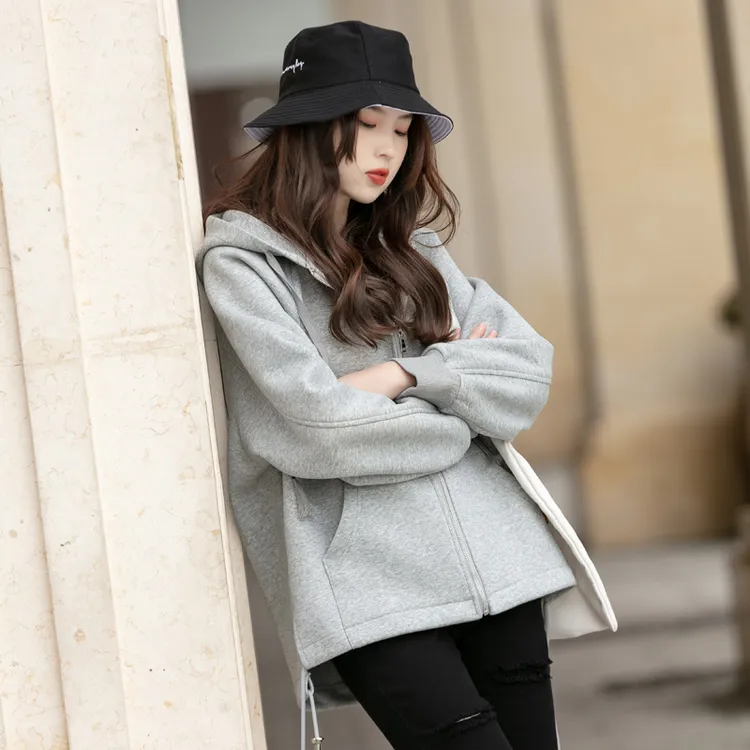灰色加厚外套女2025春秋季新款宽松连帽上衣宽松运动开衫休闲女装