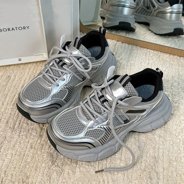 银色老爹鞋女鞋子2025新款春秋季爆款女款阿甘增高厚底休闲运动鞋