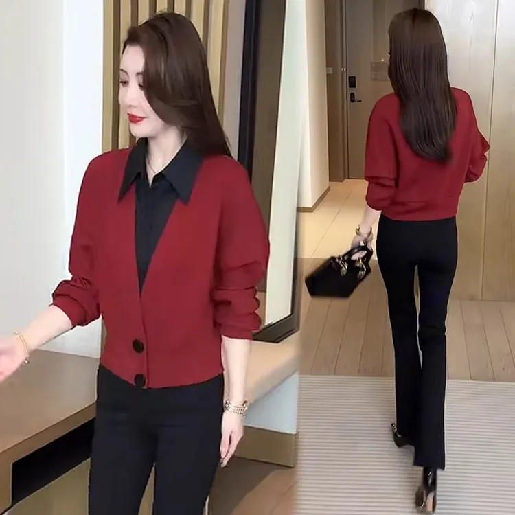 时尚假两件2025年春秋季新款衬衣领拼色针织假俩件气质显瘦上衣