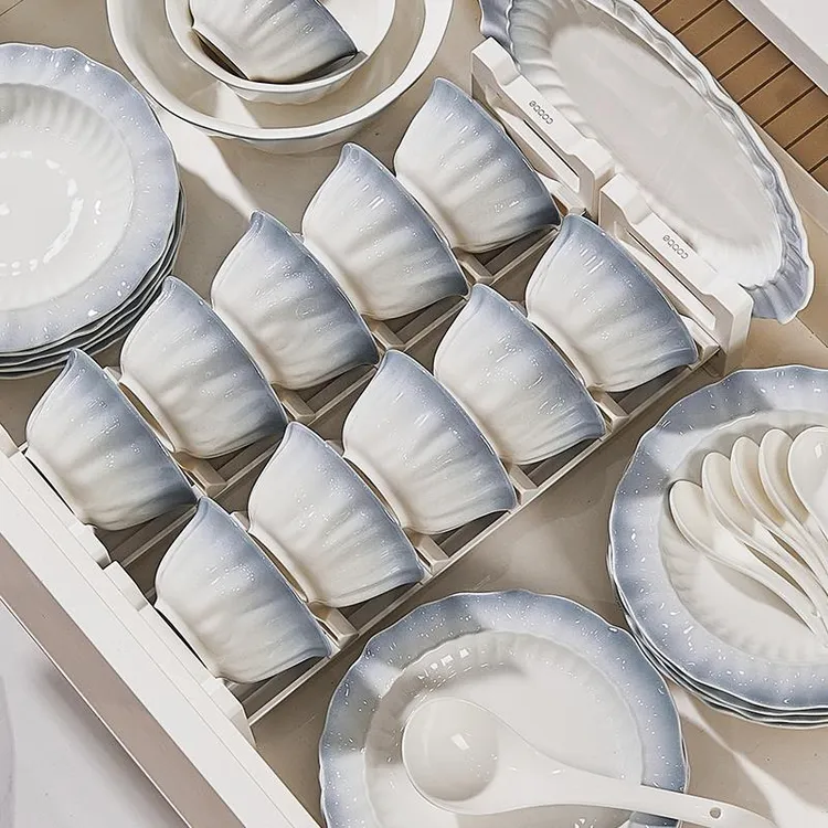 高颜值奶油风法式渐变陶瓷餐具套装家用高档厨房碗盘全套2025新款