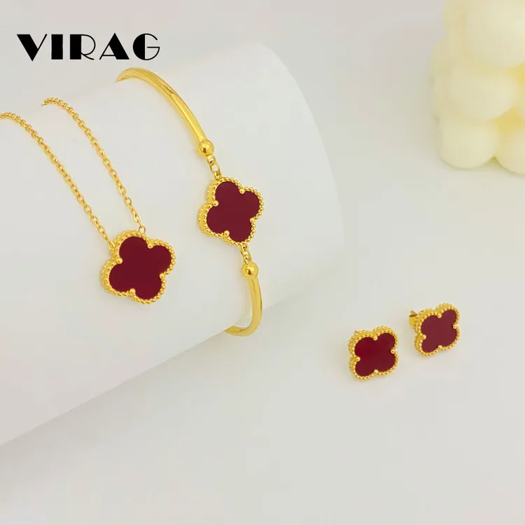 【小绕同款】钛钢项链 经典双面红色四叶草项链套装轻奢小众高级感手镯耳钉ins