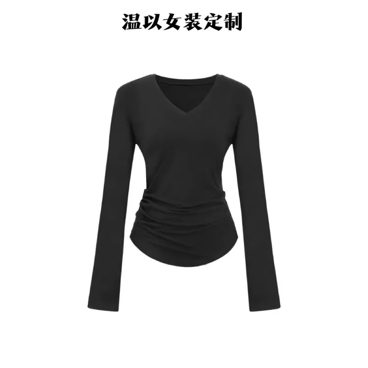 【运补6-8+现货】微胖mm秋季显瘦韩系v领收腰修身抽褶弹力长袖T恤