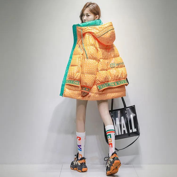 亮面免洗鹅绒服女中长款冬季新款潮牌韩版宽松撞色极寒鹅绒外套潮