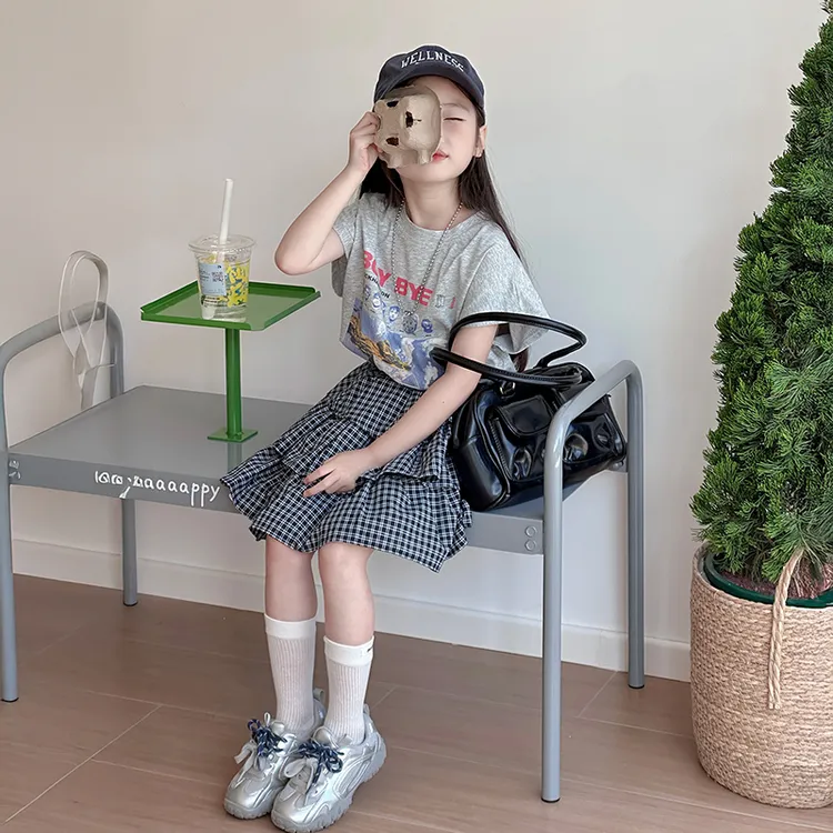 女童洋气套装夏2025新款夏季小女孩韩系短袖儿童格子蛋糕裙两件套