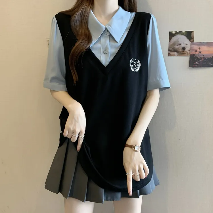 大码女装遮肚子假两件拼接学院风减龄衬衫夏季胖妹妹宽松显瘦上衣